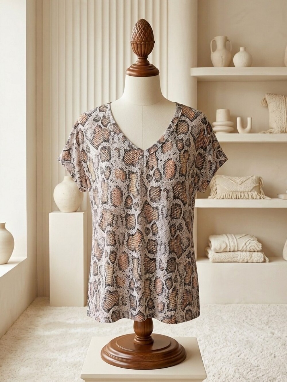 Cake Snake Print Oversized V-Neck Tee Cap Sleeve Top Size Medium